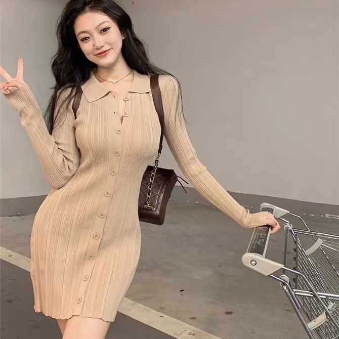 Đầm dệt kim SUXI tay dài cổ polo dáng ôm thời trang mùa thu xinh xắn cho nữ