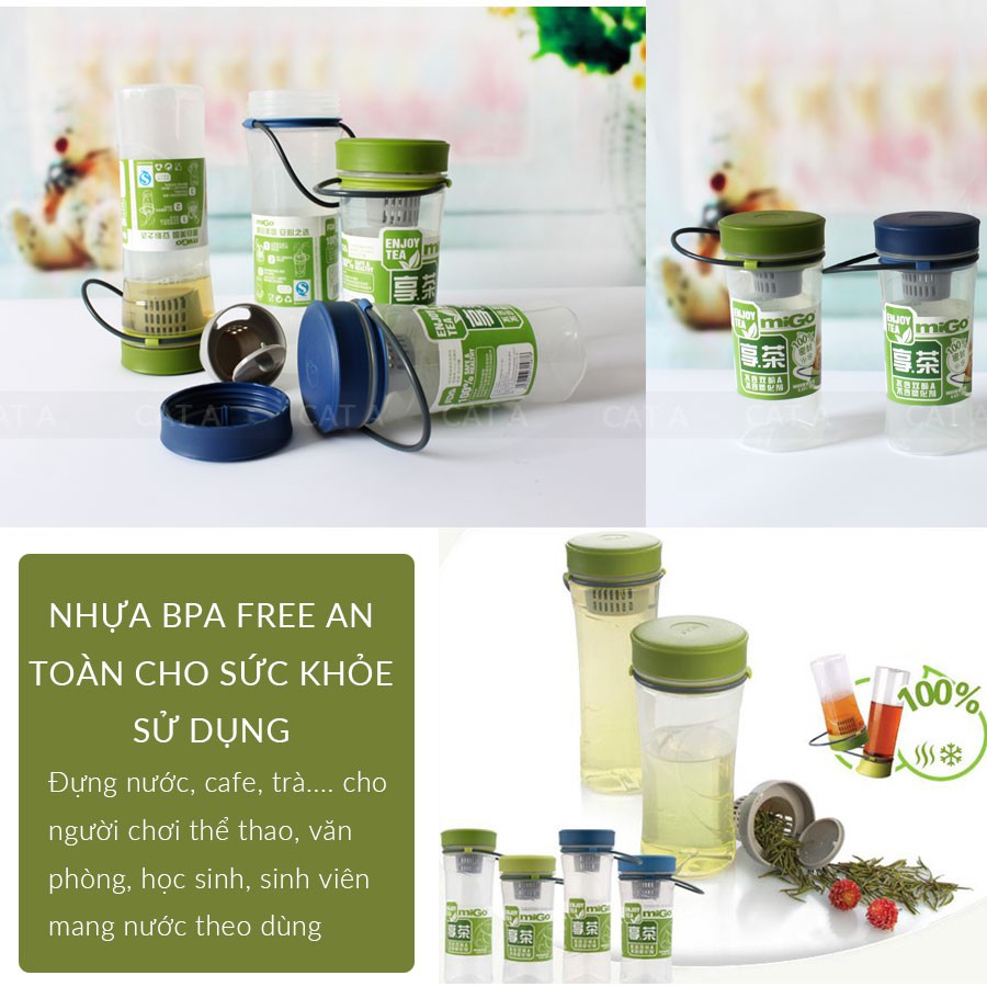 Bình đựng nước, bình nước bằng Nhựa BPA FREE MIGO Cao cấp - 1522 - An toàn, trong suốt, có rây lọc, quai xách