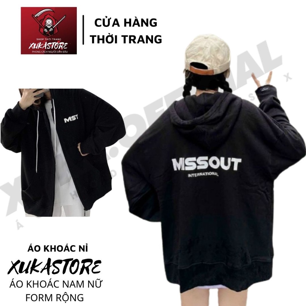 Áo khoác nữ form rộng kiểu hoodie có dây kéo in hình Missout Crispus ADLV nón rộng XUKASTORE  cotton trần bông 2 lớp