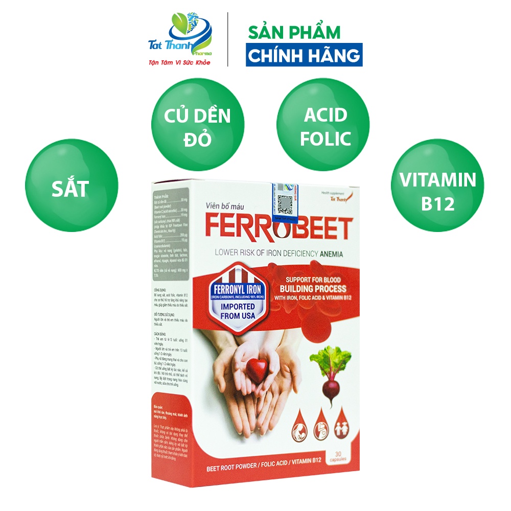 Viên bổ máu Ferrobeet Tất Thành Pharma bổ sung sắt, acid folic cho người thiếu máu 30 viên