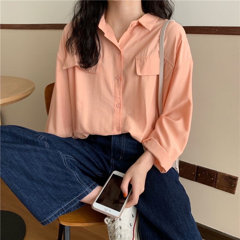 Áo Sơ Mi Nữ Dài Tay Cổ Bẻ Form Rộng Màu Trơn Thời Trang Hàn