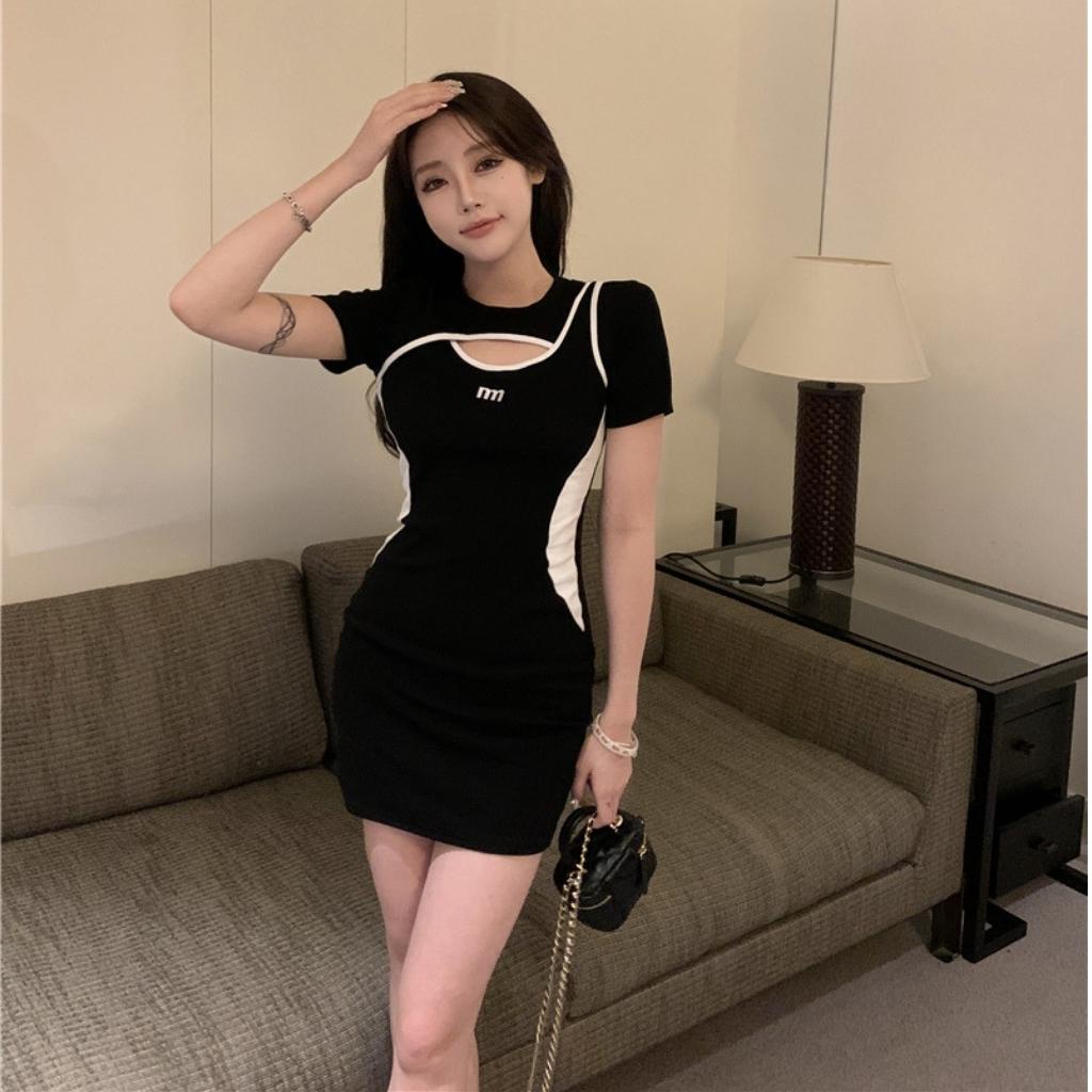 Đầm ôm body co dãn phối viền khoét ngực Xquin, Váy body tay ngắn tôn eo sexy quyến rũ