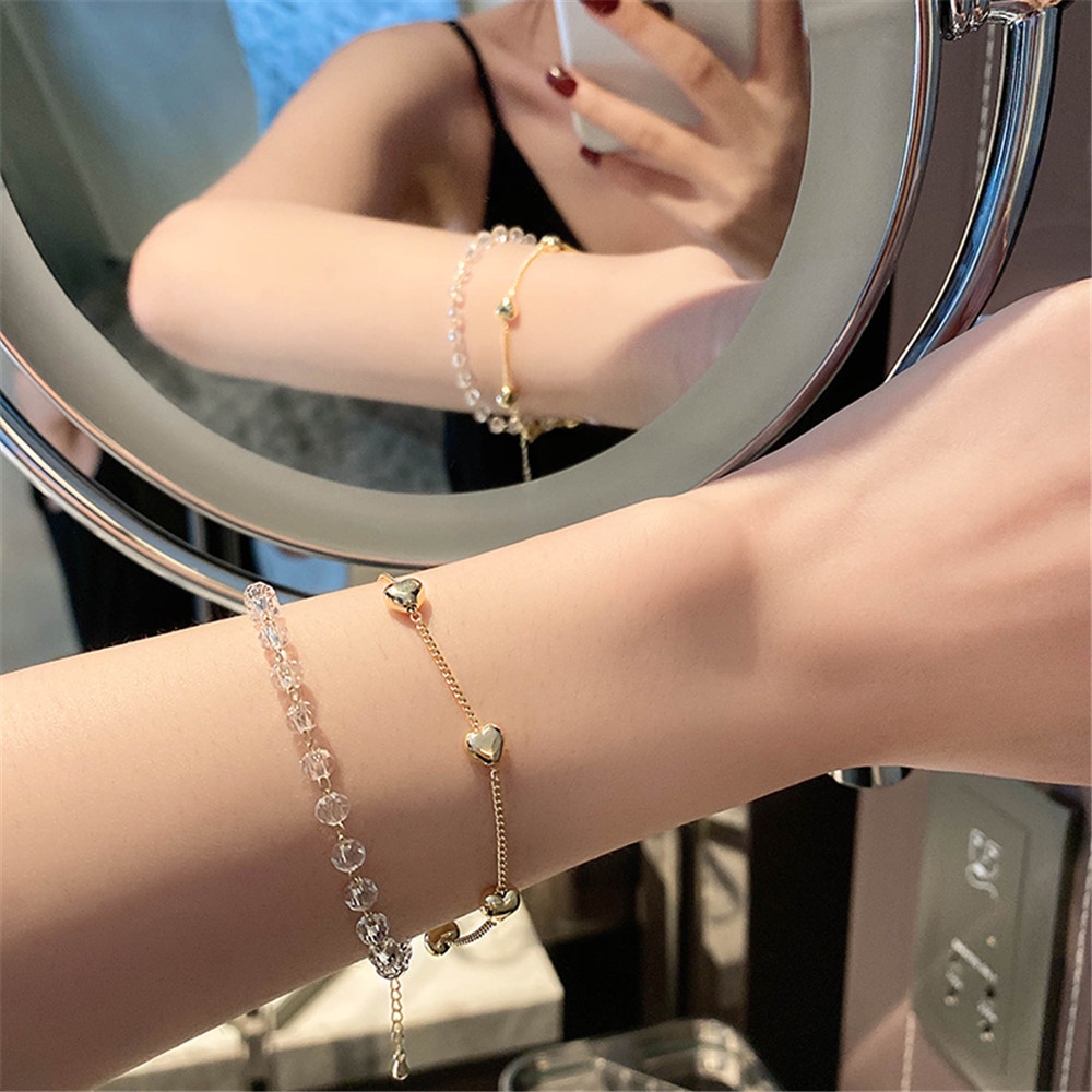 Vòng Tay Đính Hạt Pha Lê Hình Trái Tim Đôi Thời Trang Hàn Quốc Cho Nữ