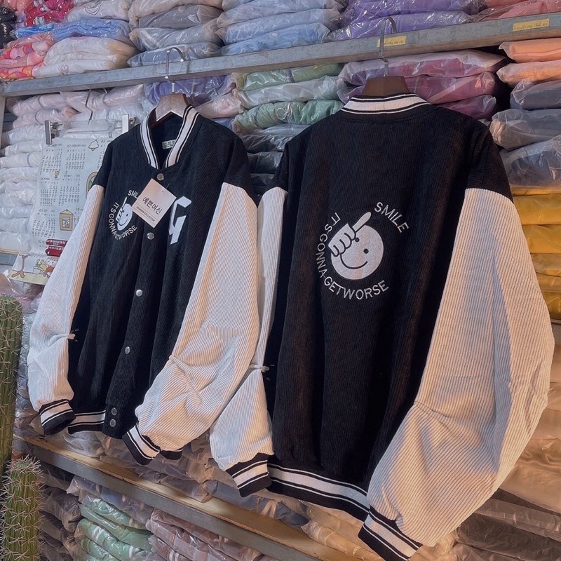 Áo khoác bomber bóng chày kaki nhung gân 2 lớp thêu unisex ulzzang nam nữ