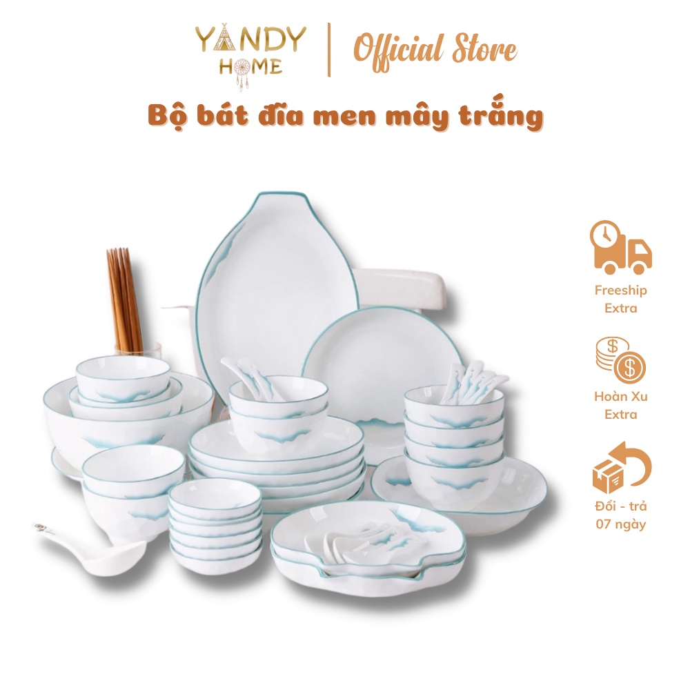 Bát đĩa tô chén gốm sứ YANDY HOME BB12 màu trắng vân mây 10 chi tiết men bóng