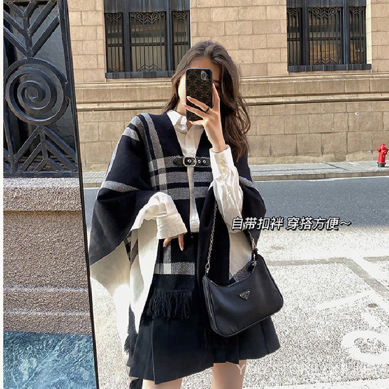 Xgja ❤Ence★Áo choàng len hai mặt họa tiết sọc caro trắng đen phong cách Retro Anh quốc | BigBuy360 - bigbuy360.vn