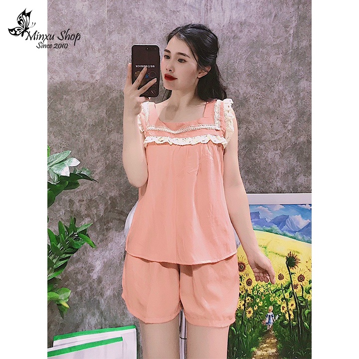 Bộ mặc nhà nữ sát nách vải đũi mát lịm thoải mái, nhiều màu tươi sáng nữ tính, kiểu dáng trẻ trung Minxu Shop AE