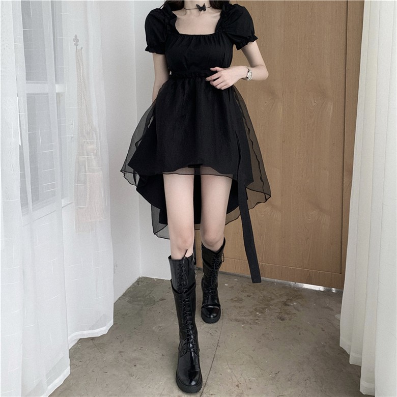 M20 - Váy đen Ulzzang cổ vuông tay cúp phối voan lưới dáng phồng phong cách