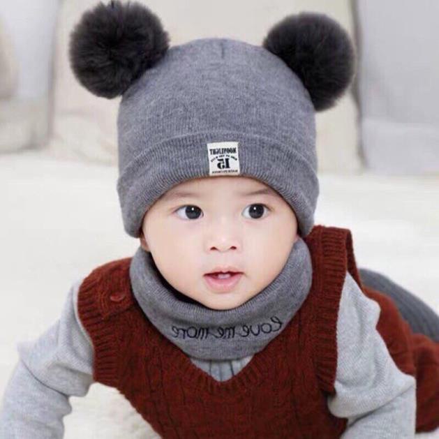 Mũ len quả bông kèm khăn quàng cổ giữ ấm áp cho bé (0 đến 3 tuổi) ( tuyển khách sỉ)