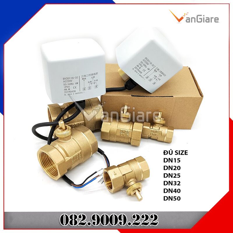 Van bi điện 2 lỗ, Van khoá nước đóng mở điều khiển bằng motor điện 12v 24v 220v phi 21 27 34
