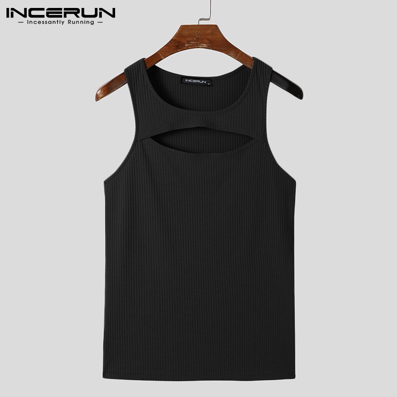 Áo cộc tay INCERUN cổ tròn màu trơn thiết kế rỗng cho nam mặc thường ngày