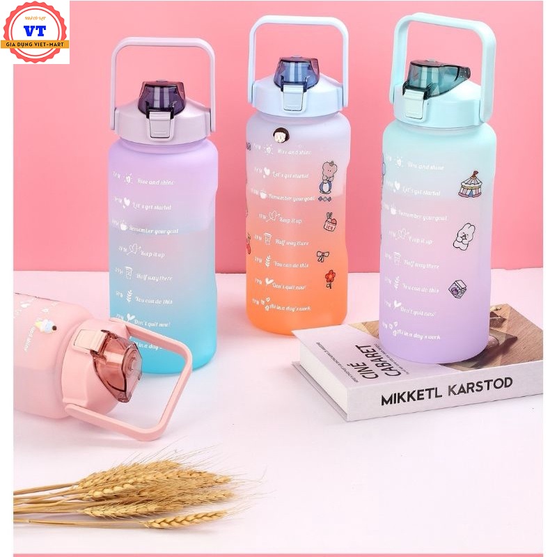 Bình nước 2 lít  cute chia vạch nhắc nhở 🌸FREESHIP🌸 bình đựng nước 2L có vòi tập gym thể thao