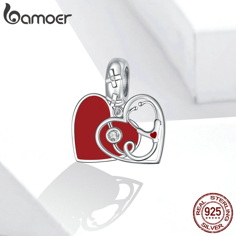 Hạt Charm Bamoer BSC308 Mặt Hình Ống Nghe Bác Sĩ Và Trái Tim Bằng Bạc Sterling 925 Thật Trang Trí Dây Chuyền Bạc