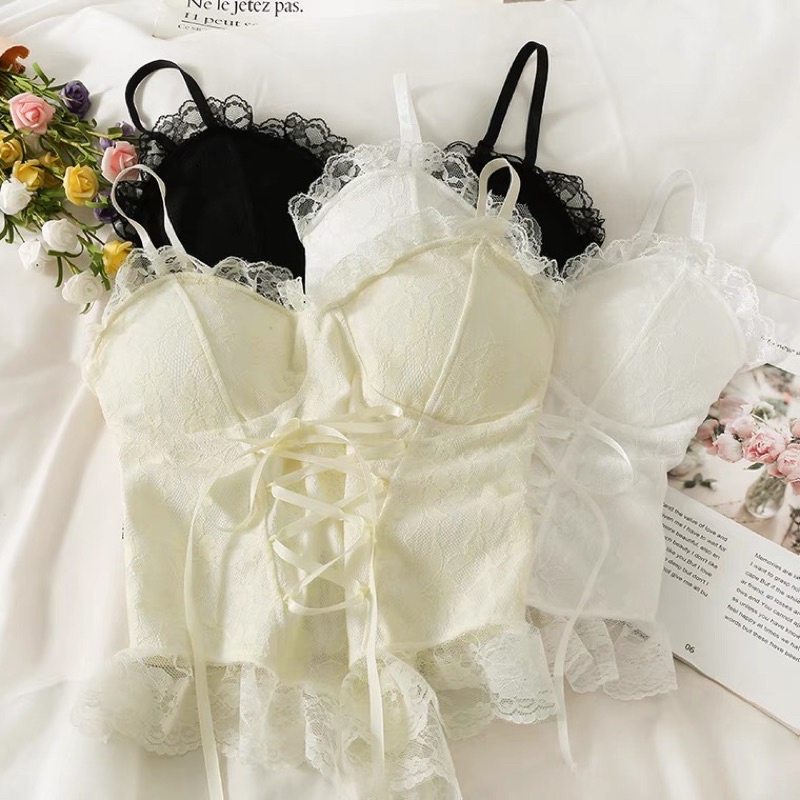 Áo dây dáng corset ren thắt nơ lụa bèo nhún ôm tôn dáng sexy phong cách lolita có đệm mút