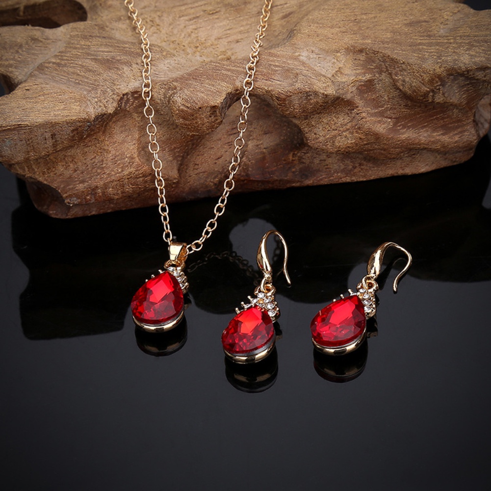 Bộ Vòng cổ + Đôi Khuyên Tai HìNh GiọT NướC ĐíNh Kim Cương Giả ThờI Trang Cho Nữ