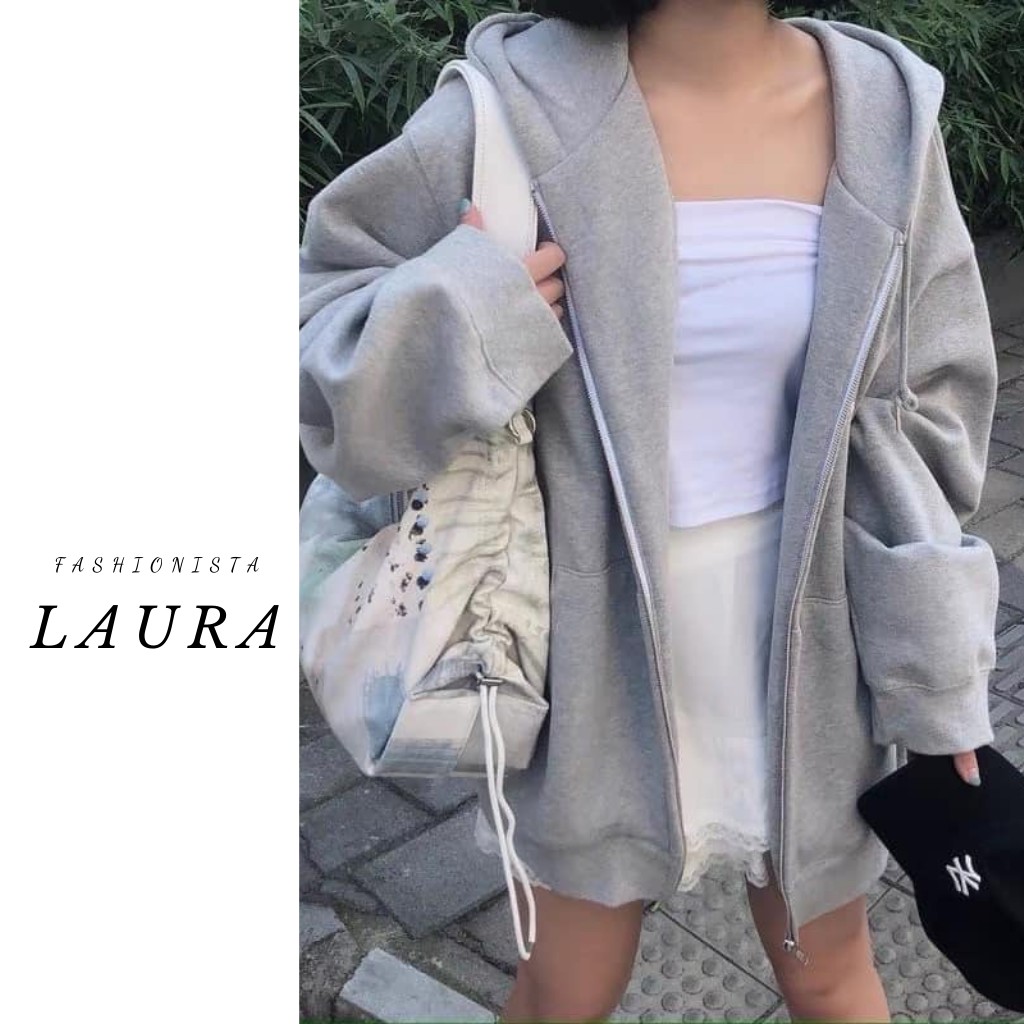 Áo khoác nỉ ngoại có mũ Laura Boutique - Áo khoác nỉ dáng rộng có túi kiểu dáng năng động 4 màu ĐỎ-XANH-ĐEN-XÁM