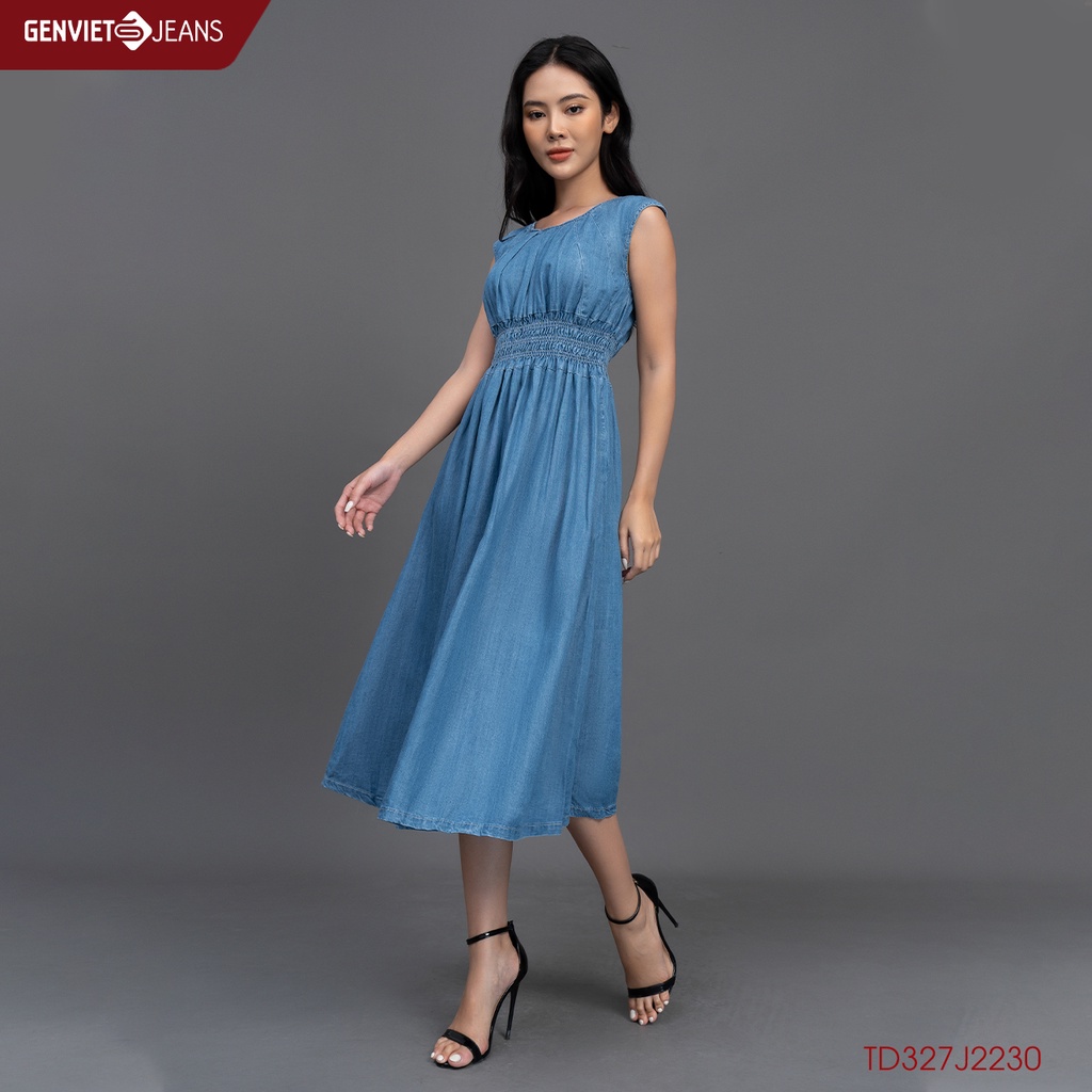 Đầm Váy Jeans Nữ Nhún Eo Chun Cách Điệu Dáng Xòe GENVIET Chất Bò Mềm Cao Cấp Thiết Kế TD327J2230