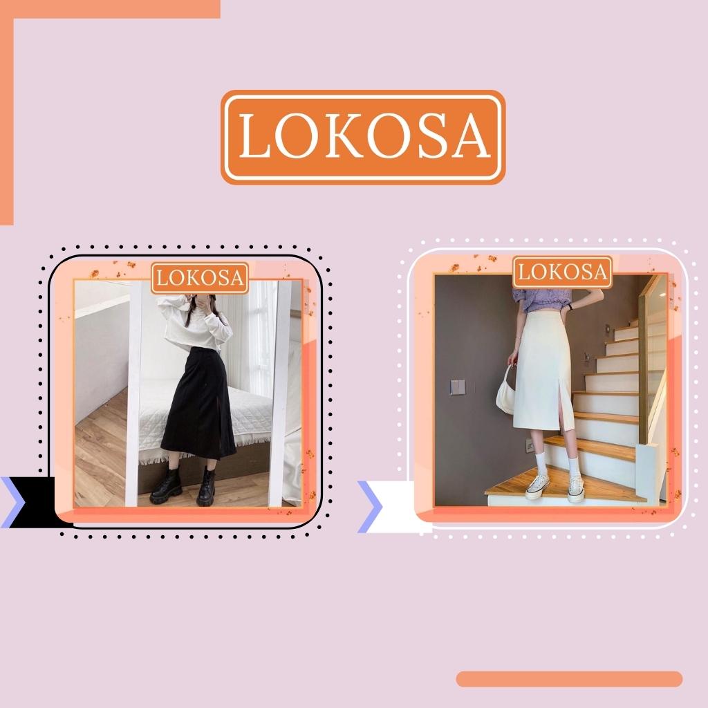 Chân Váy Dài Nữ LOKOSA Chân Váy Đen Chữ A Công Sở Xẻ Tà Thiết Kế Qua Gối Hai Màu Trắng Đen CV001