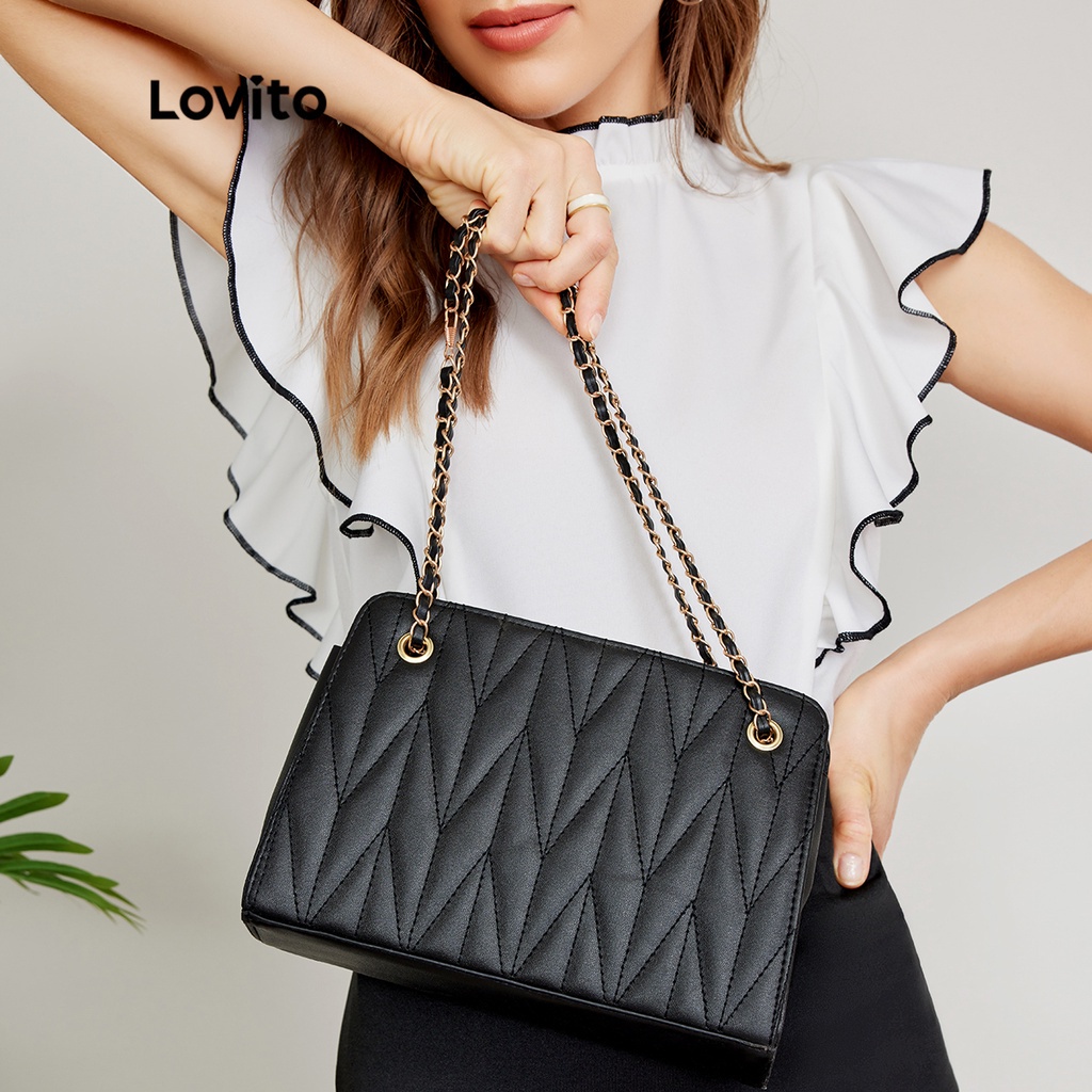 Lovito Thanh lịch Trượt chần gòn Dây kéo Hình vuông Hình dạng Chuỗi Túi vuông L244BA07 (Đen / Trắng / Trắng / Kaki)