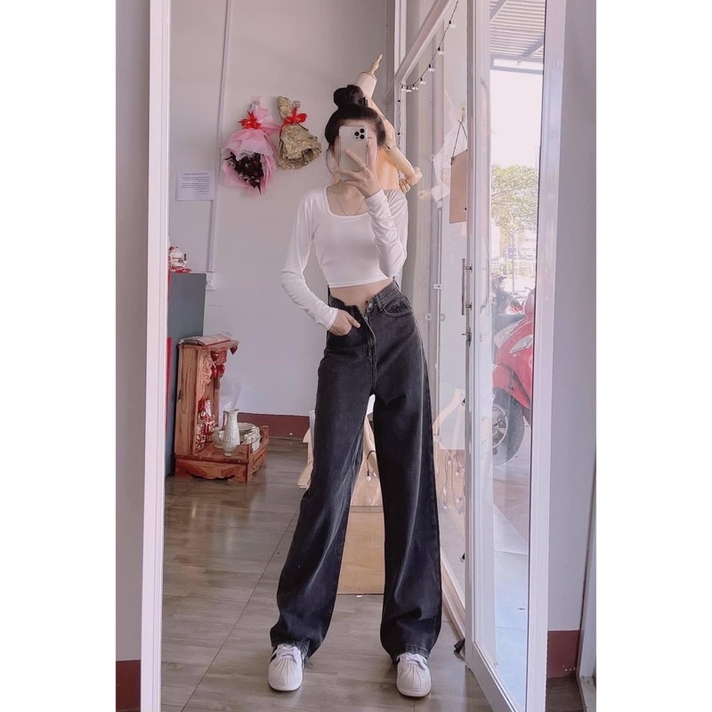 Quần jeans suông trơn ống rộng cạp cao siêu hot