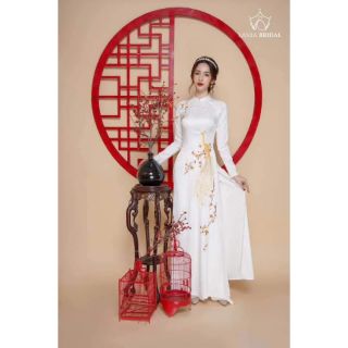 Áo dài gấm tơ 2tà trắng, đỏ, hồng