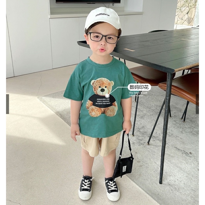 AP05- Áo Phông Gấu 2 Màu Xanh, Trắng   Cool ngầu  -  Hot 2022 Cho Bé Trai, Bé Gái