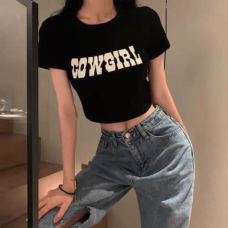 Áo Croptop Nữ Body Tay Ngắn PNIKSTORE, Dáng Ôm In Chữ COWGIRL A5402