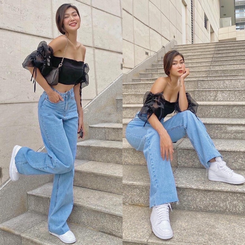 Quần Jeans Suông Ống Rộng Lai Cắt Lưng Cao Dáng Dài