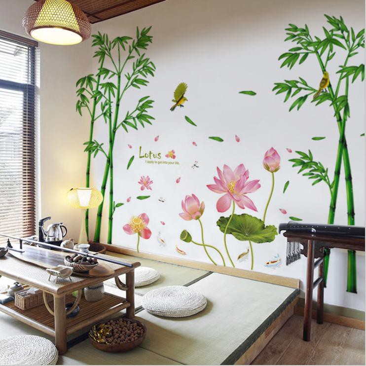 Decal dán tường trang trí phòng khách sang trọng, cổ điển Combo trúc xanh decalamyshop