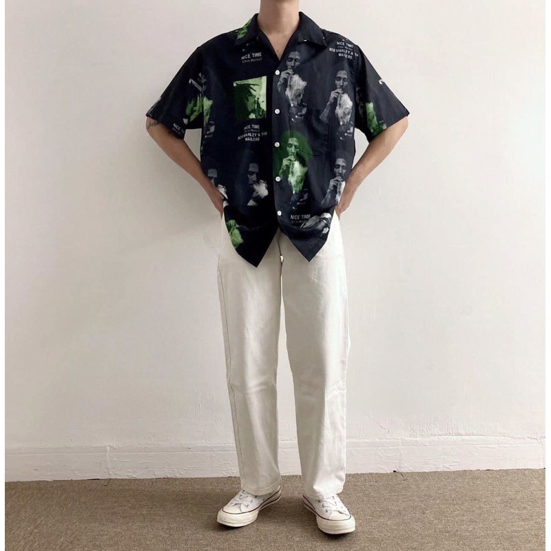 (Kèm ảnh thật) Áo sơ mi voan lụa unisex tay lỡ in hình