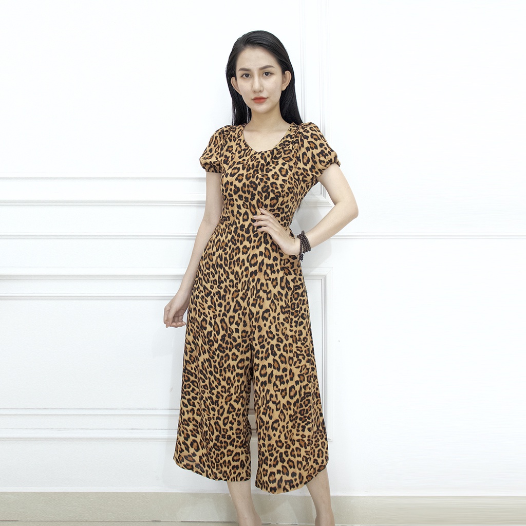 Jumpsuit nữ lanh maxi đi biển mặc nhà tay bo AMYRA -  jump dài ống rộng họa tiết bi beo có túi Ju008