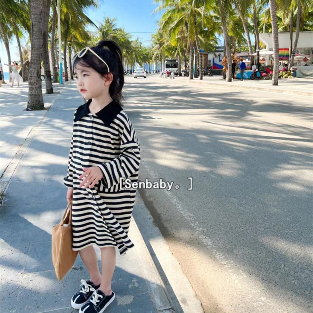 Đầm POLO Dáng Dài Họa Tiết Kẻ Sọc Phong Cách Phương Tây Thời Trang Xuân Thu 2022 Mới Cho Bé Gái