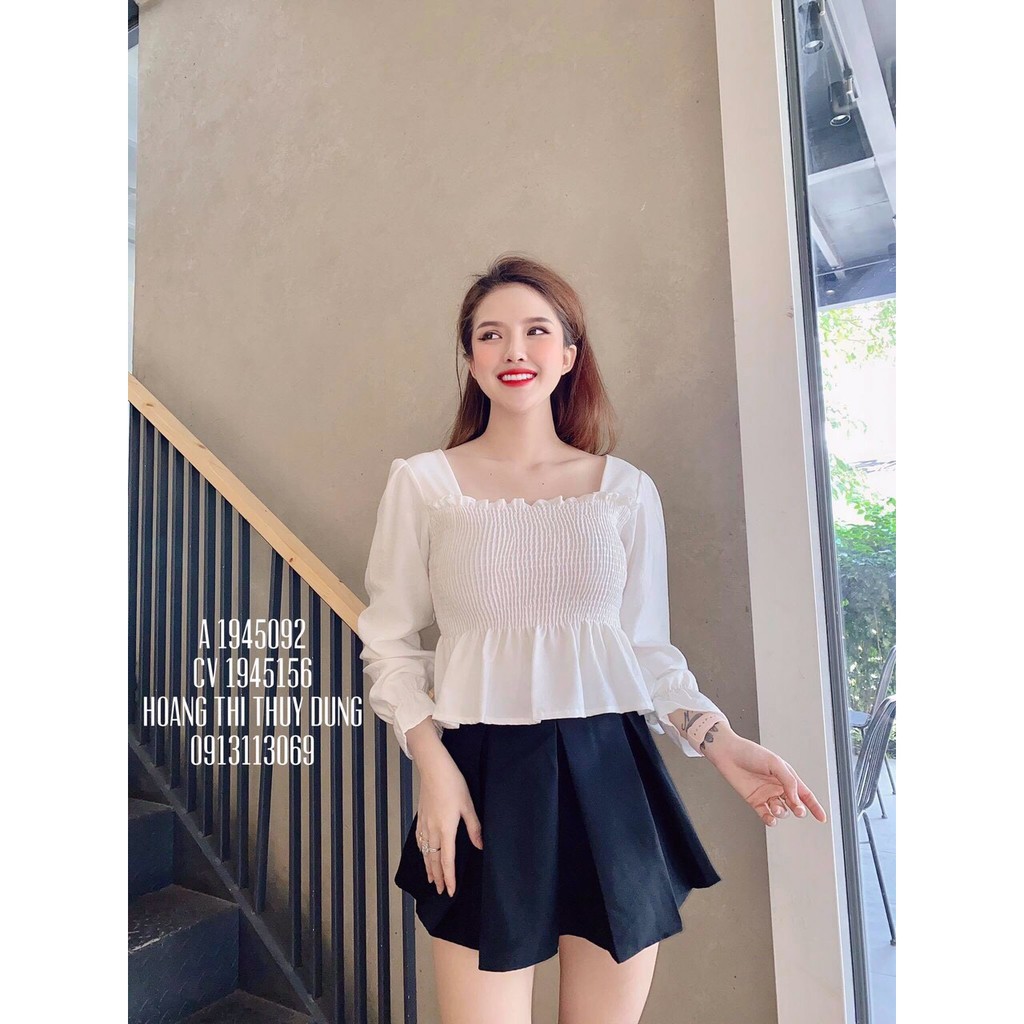 Áo Voan Cổ Vuông Thân Nhún Kết Hợp Phần Xòe Nhẹ Kiểu Tiểu Thư TTS0905