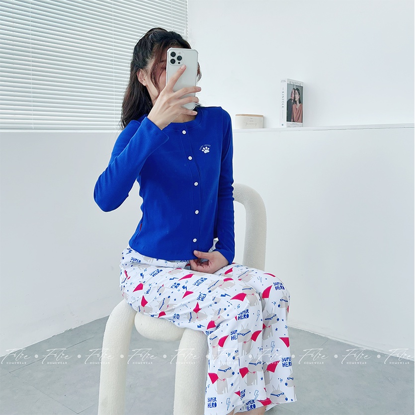 Folie Homewear -  Set đồ bộ mặc nhà tay dài thun gân cotton quần dài lụa tằm ý FLA4Q3
