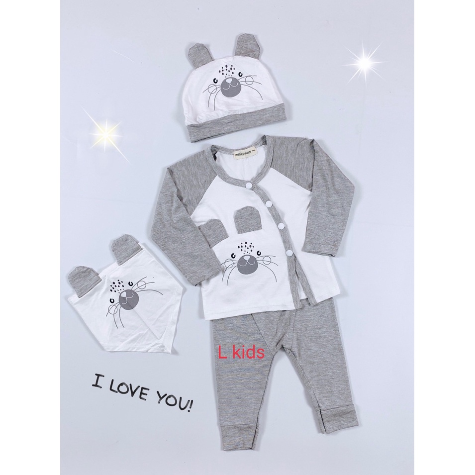 [Bé 6-13kg] Bộ dài tay sơ sinh kèm nón và khăn THUN LẠNH MINKY MOM Quần Đắp Đũng, Nút Cài Chéo, cho bé trai bé gái
