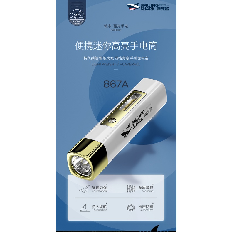 Smile shark Đèn Pin Chiếu Sáng Ngoài Trời Di Động Hình Cá Mập Nhỏ Gọn Có Thể Sạc Lại Dùng Khi Đi Bộ Đường Dài Hàng Ngày
