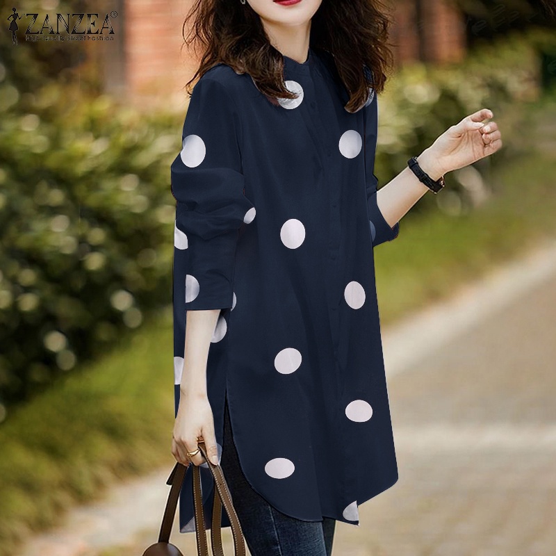 Áo sơ mi ZANZEA tay dài cổ tròn họa tiết chấm bi thiết kế thời trang dành cho nữ