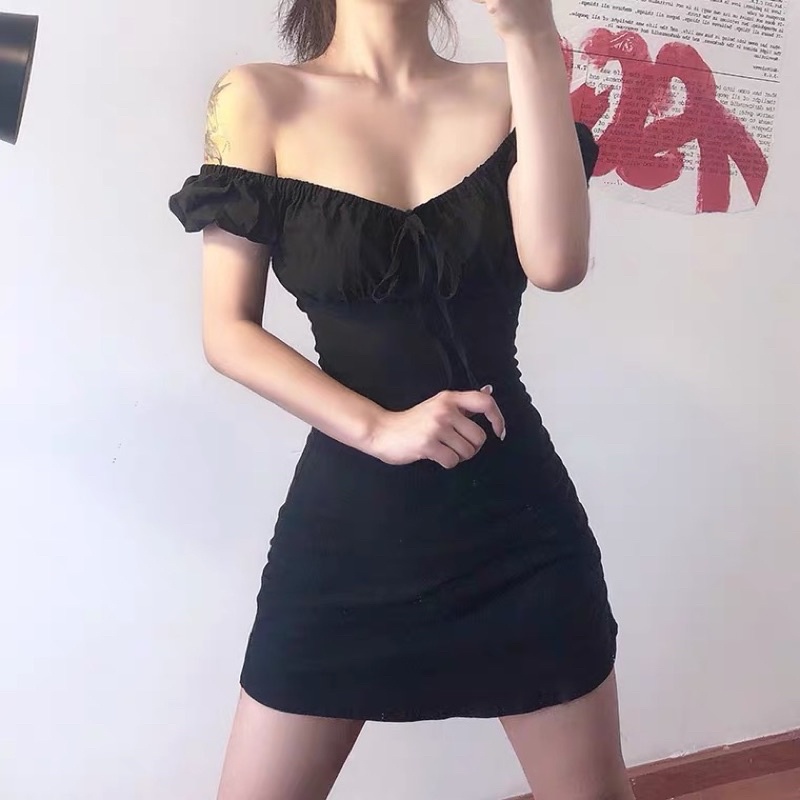 Đầm Body Ngắn Form Chữ A Trễ Vai Thắt Nơ Trước Siêu Hack Dáng