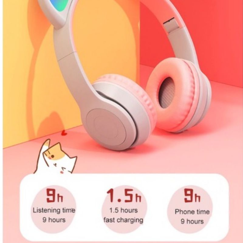 Tai nghe bluetooth P47 / P247, tai nghe mèo đèn led đổi màu có khe cắm thẻ nhớ