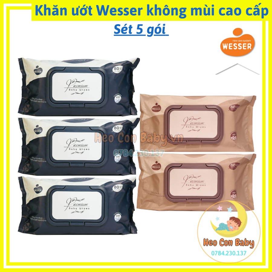 COMBO 5 GÓI KHĂN GIẤY ƯỚT WESSER KHÔNG MÙI CAO CẤP cho Bé