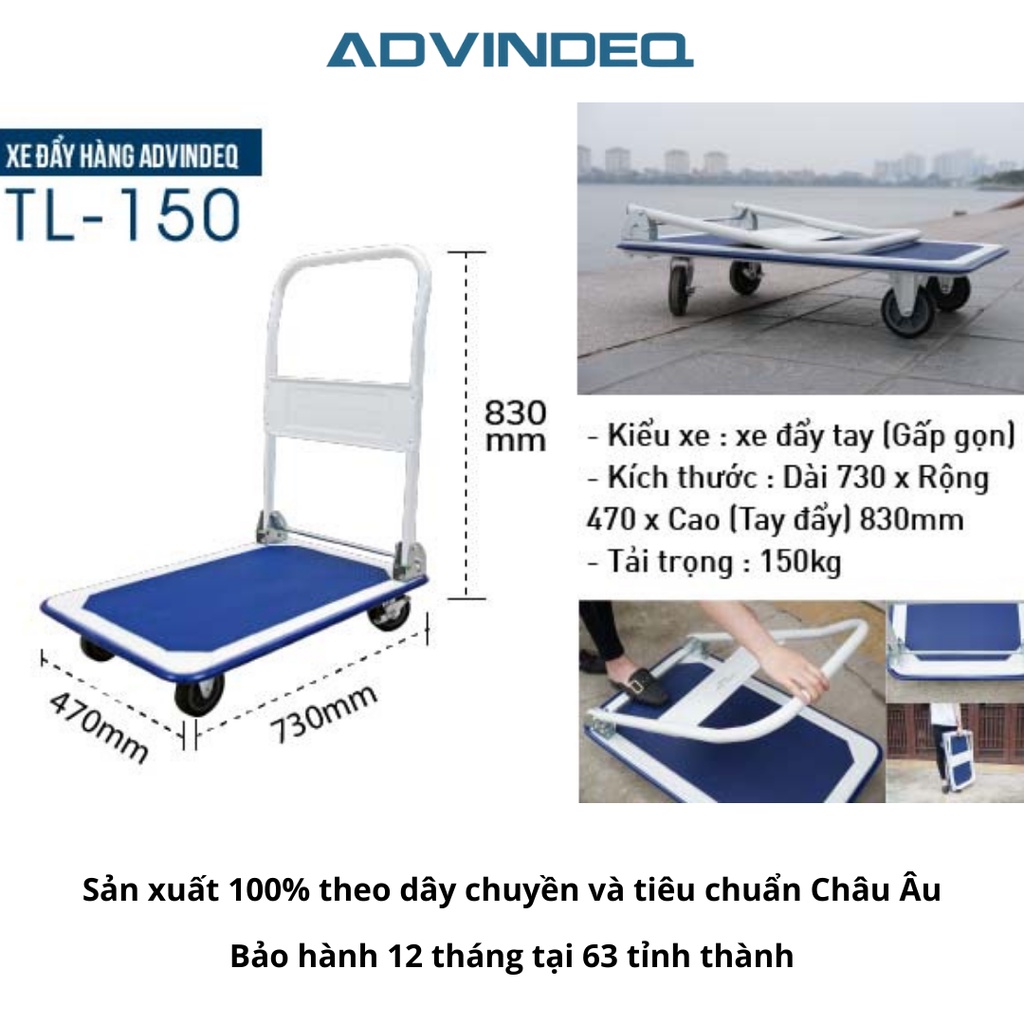 Xe đẩy hàng 4 bánh gấp gọn ADVINDEQ TL-150 sàn thép cao cấp, tải trọng 150kg, bảo hành 12 tháng toàn quốc