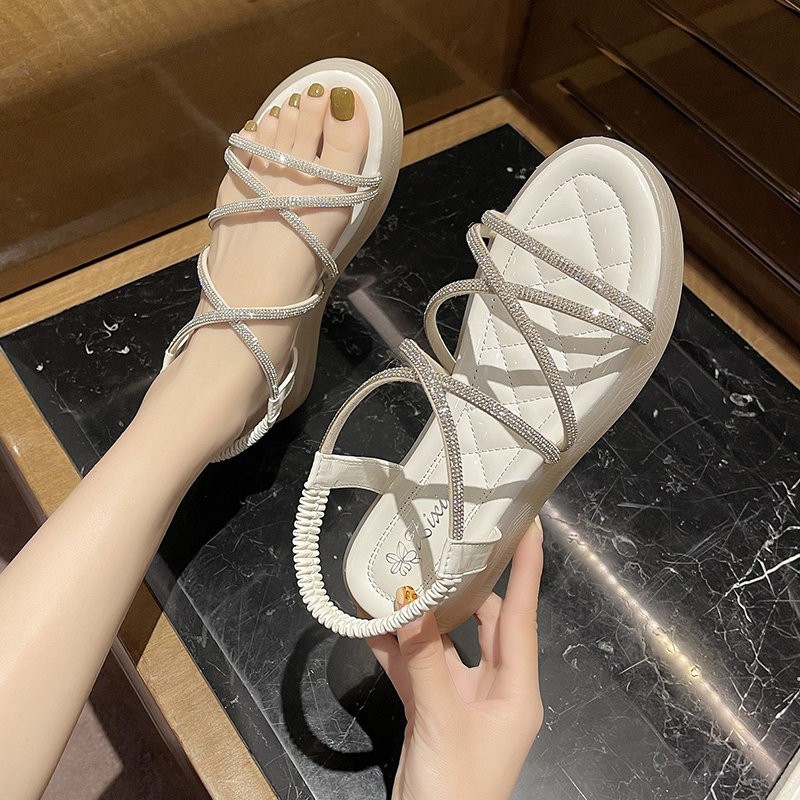 Giày Sandal Đế Bệt Hở Ngón Đính Đá Thời Trang 2021