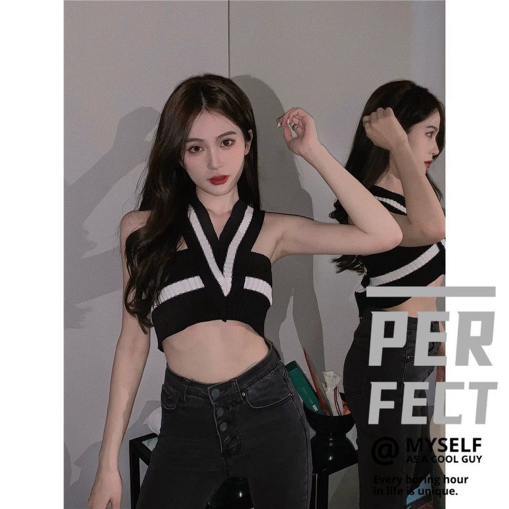 Áo Croptop Dệt Kim Cổ Chữ V Kẻ Sọc Caro Phong Cách Âu Mỹ Quyến Rũ Cho Nữ