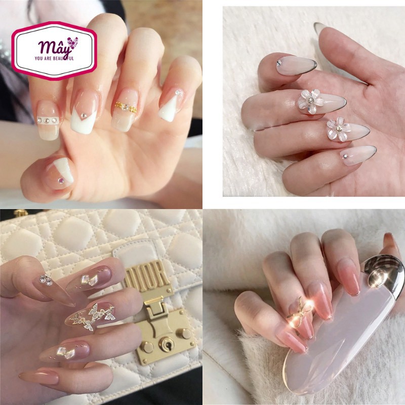 Set 24 móng tay giả, nail giả cô dâu đính đá, charm cao cấp màu sắc nhẹ nhàng