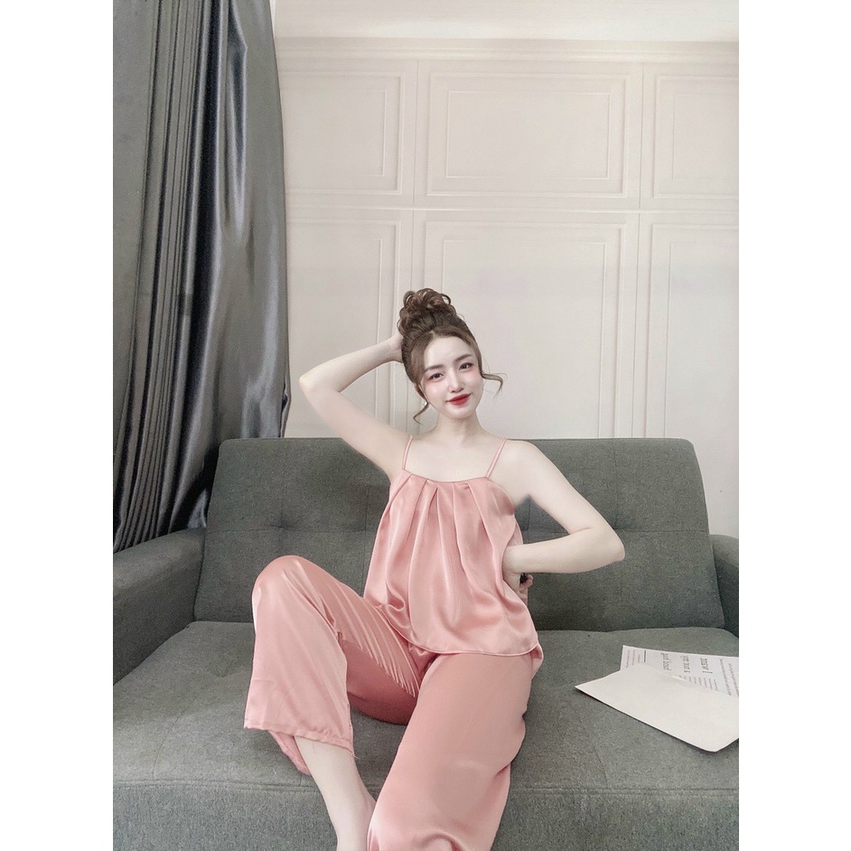 Đồ Lụa Mặc Nhà, Đồ Bộ Nữ Đồ Ngủ Áo Dây Nhún Ngực Quần Dài Chất Lụa Satin Fill Màu Form Rộng Rãi Sang Trọng Kín | BigBuy360 - bigbuy360.vn
