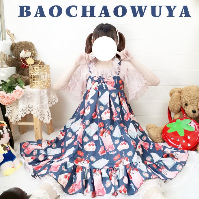 Đầm Lolita Hai Dây Họa Tiết Dâu Tây Dễ Thương Cho Nữ