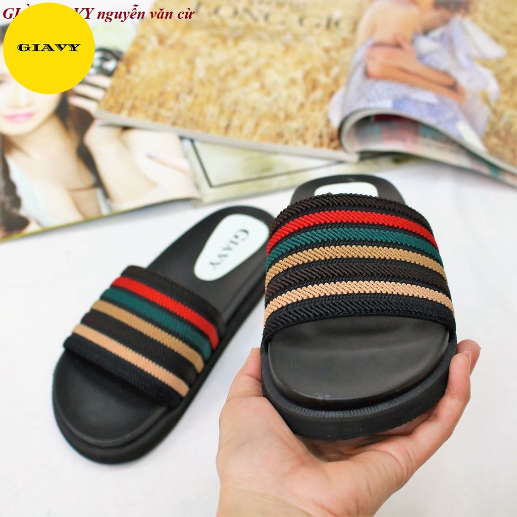 Dép nữ quai ngang sọc mix màu xinh xắn, đế cao  A82 - GIÀY GIAVY