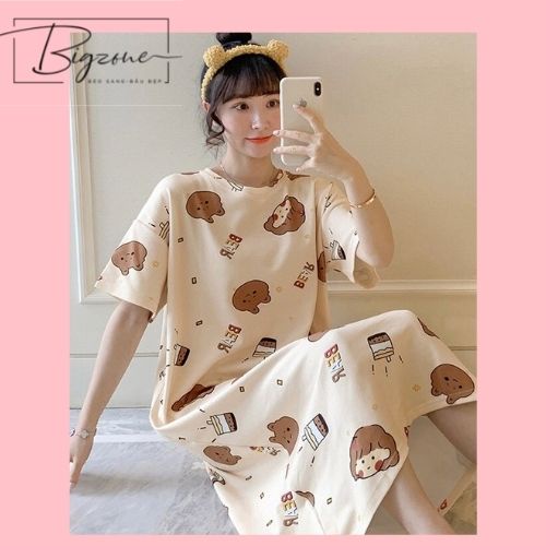 Váy Ngủ Nữ Cộc Tay Đầm Ngủ Dễ Thương Dáng Suông Bigsize Chất Cotton Mềm Mại Họa Tiết Hoạt Hình VN203