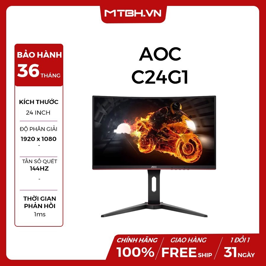 [Mã ELCL3MIL giảm 5% đơn 3 triệu] MÀN HÌNH AOC 24" CONG C24G1 FHD,VA,FreeSync,1ms,144Hz CHUYÊN GAME
