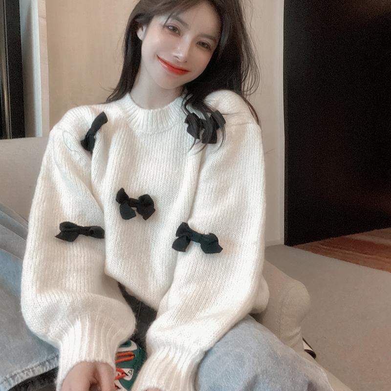 Áo Sweater Dệt Kim Tay Dài Dáng Rộng Đính Nơ Thời Trang Thu Đông Mới Cho Nữ